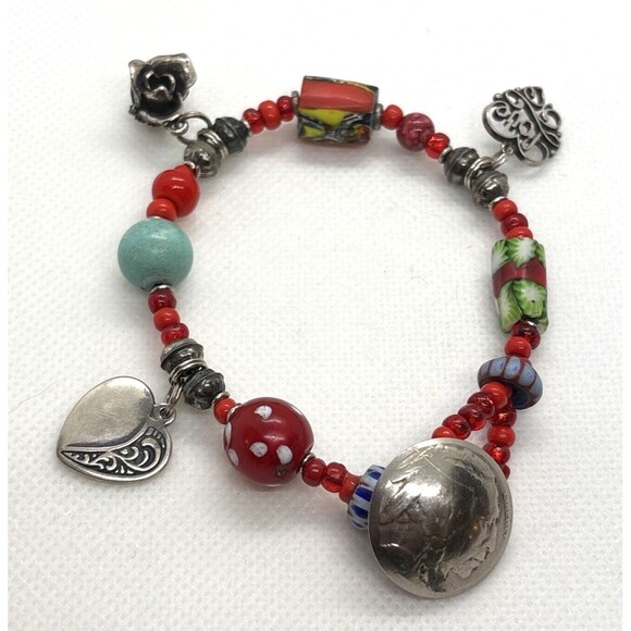 Handmade Red Beaded Bracelet 7.5''‎ 3 Sterling Silver Charms & Closure 26g Love - Picture 1 of 11
